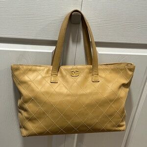 CHANEL Tan calfskin leather wild stich tote bag vintage